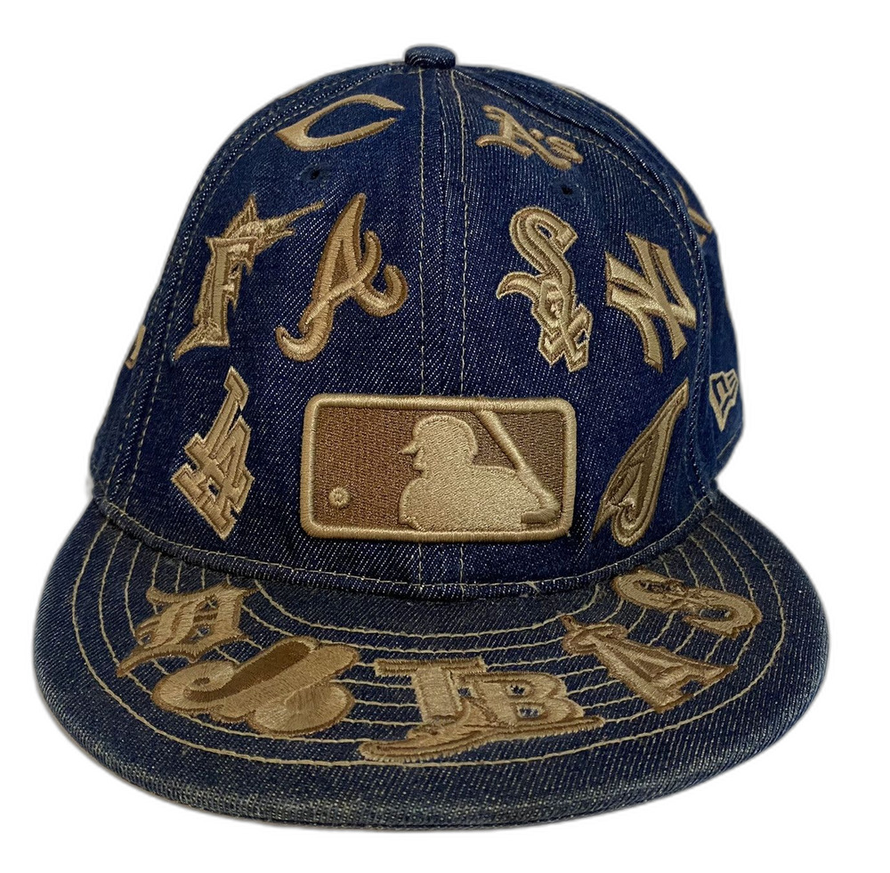 New Era Denim AOP MLB Baseball Patchwork Teams Fitted Hat Size 7 3/8 - 58.7 CM